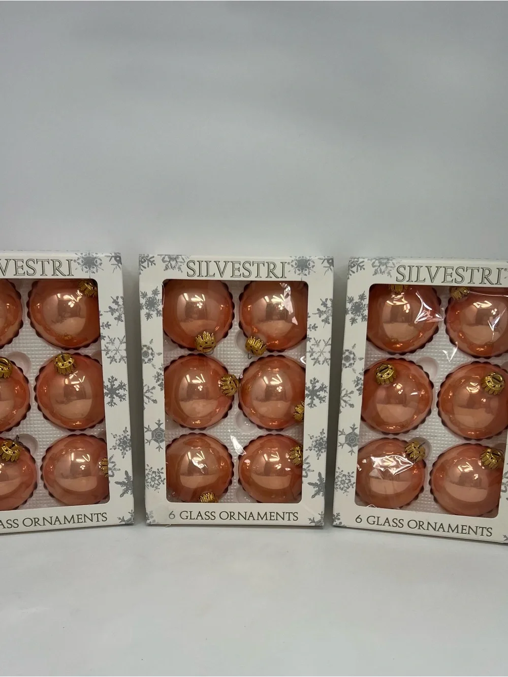 SILVESTRI Rose Gold Peach Glass Ball Christmas Ornaments 3 Boxes 6 Per Box Vtg
